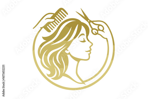 Hair salon logo template. Elegant woman with beautiful hair. Hairdresser with scissors and comb. Golden vector icon for beauty salon, hair care, spa, cosmetics, hairstylist.