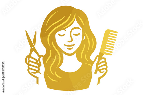 Luxury hair salon logo. Golden silhouette of woman hairstylist with scissors and comb. Vector icon for beauty business, hairdresser, haircut, styling, professional hair care.