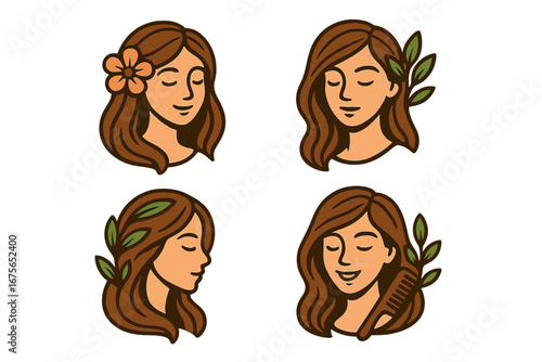Natural beauty logo set for hair salon, spa. Woman face illustration with flower, leaves. Concept for organic cosmetics, wellness, skincare. Hairstyle vector icon collection.