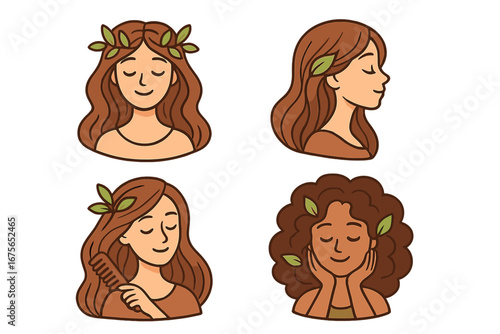 Natural beauty hair salon logo icon set. Vector cartoon woman illustration. Diverse girl with leaf crown, afro curls, combing long hair. Organic cosmetic spa concept design.