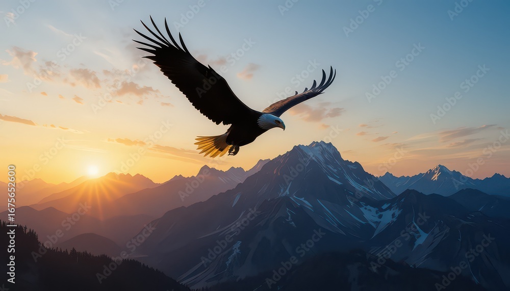 Fototapeta premium Majestic bald eagle soars above stunning mountain range at sunrise, symbolizing freedom and power