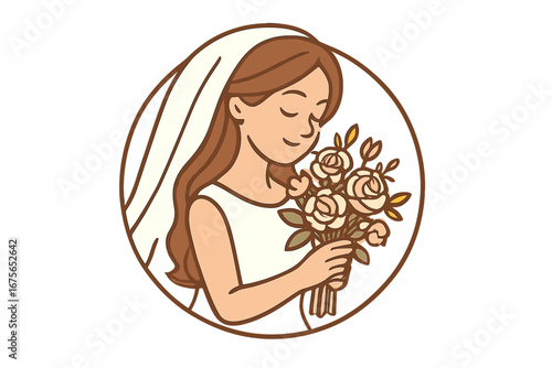 Beautiful bride character logo with a wedding veil holding a rose bouquet. Vector cartoon illustration for marriage celebration, bridal shower invitation or beauty salon brand.