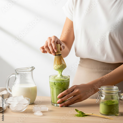 A modern and inviting shot of an Asian woman's hands making an iced matcha green tea latte at home