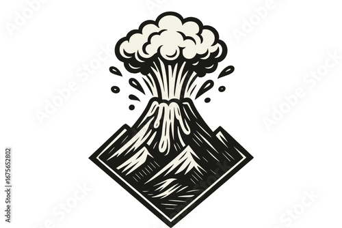 Volcano eruption vector logo in retro art deco style. Erupting mountain with lava and smoke clouds. Natural disaster, geology, or power concept. Vintage woodcut print icon.