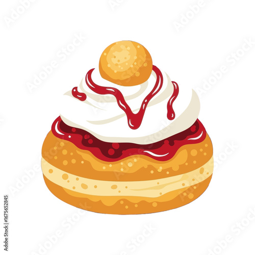 A delectable pastry, topped with whipped cream and fruit preserves, sits against a bold black backdrop.