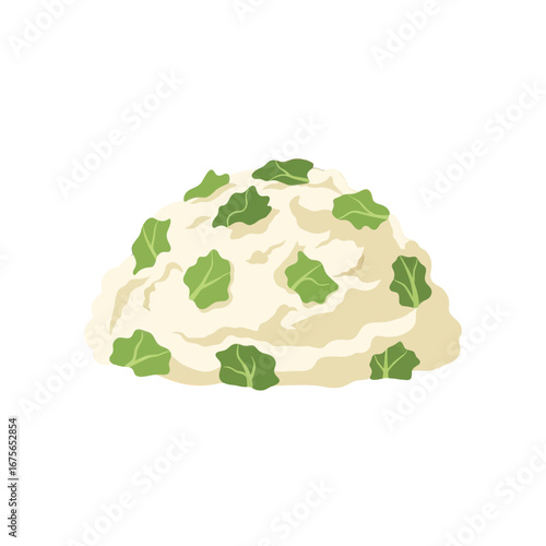 Creamy mashed potatoes topped with vibrant green leaves, presented in a simple, appetizing illustration.