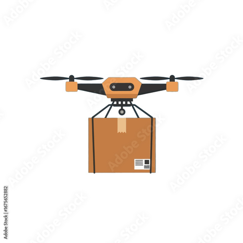 A delivery drone hovers aloft, carrying a cardboard box, showcasing futuristic package delivery.