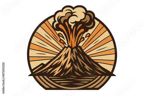 Art deco vector logo of an erupting volcano. Mountain with lava flow and smoke plume. Circular badge design with sunburst. Concept for power, nature, disaster, and geology.