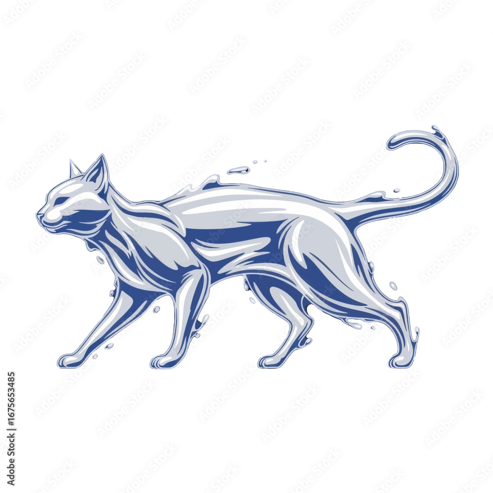 Obraz premium A stylized illustration depicts a cat formed from flowing water, showcasing dynamic motion and a captivating aquatic theme.