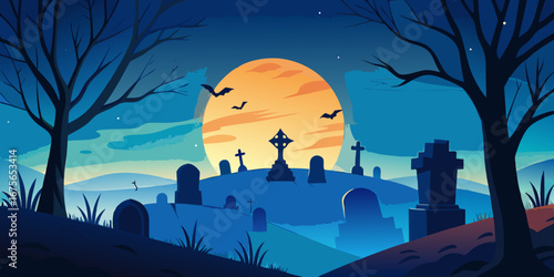 Eerie Halloween Night Cemetery Scene with Full Moon Silhouetted Trees Gravestones and Bats Flying Under a Dark Blue Sky Illustration