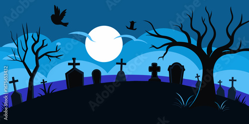 Spooky Night at the Cemetery Under the Moonlight