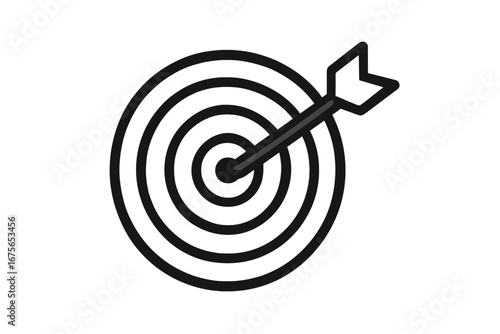 Arrow hitting the center of a target. Bullseye icon. Business success concept. Metaphor for goal achievement, objective, strategy, marketing, accuracy and focus. Vector.