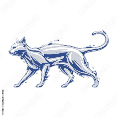 A stylized illustration depicts a cat formed from flowing water, showcasing dynamic motion and a captivating aquatic theme.