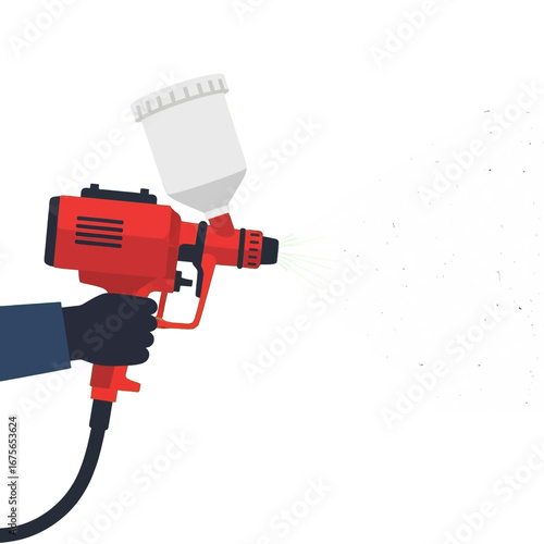 A hand-held spray gun, vibrant red and white, directs a cloud of white paint onto a dark backdrop.
