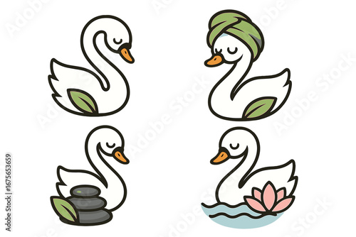 Swan spa mascot logo collection. Cute cartoon bird for beauty salon, wellness center. Vector icon set with leaf, zen stones, towel, lotus. Relaxation, self care concept.