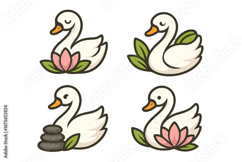 Swan logo set for beauty and spa. Cute cartoon bird with lotus flower and zen stones vector illustration. Elegant natural wellness and cosmetics icon collection for branding.
