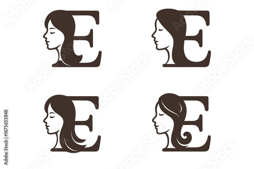 Set of letter E logos with woman face silhouette. Beauty, hair salon, spa monogram icon collection. Elegant, feminine hairstyle logotype for cosmetics. Vector alphabet initial.