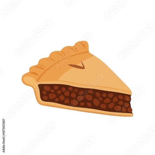 A delectable slice of pie, showcasing a warm, golden crust and a rich, filling of dark brown ingredients.