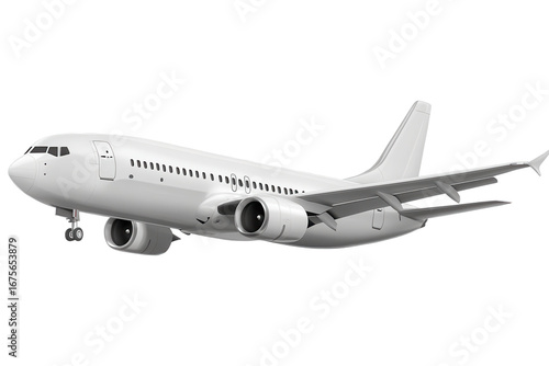 White commercial passenger airplane flying above a clear sky during daylight hours with a simple, streamlined design showcasing its aerodynamic features and operational capabilities