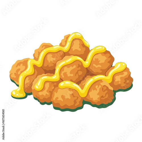 Crispy fried food items, coated in a vibrant yellow sauce, are artfully arranged in a visually appealing display.