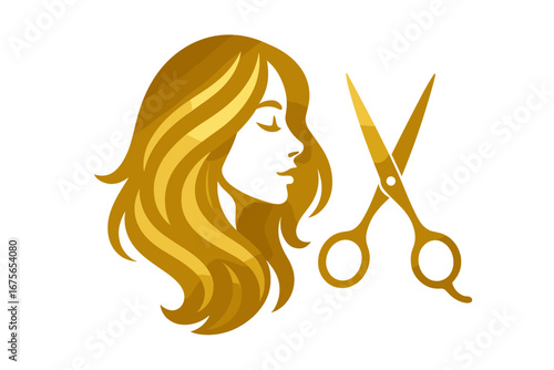 Golden hair salon logo with beautiful woman silhouette and scissors icon. Vector design for hairdresser, beauty parlor, or stylist. Concept of haircut, hairstyle, and cosmetology.
