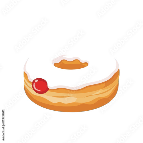 A delectable glazed doughnut with a sweet cherry topping is presented against a plain black background.