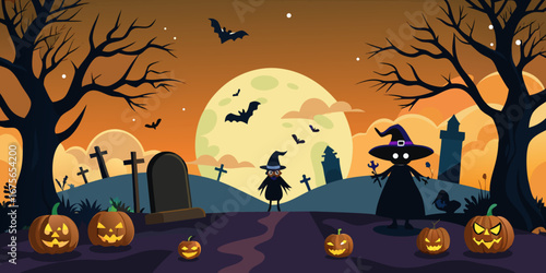 Spooky Halloween Night Illustration with Witches Pumpkins Bats Trees Tombstones and a Full Moon in a Graveyard for Holiday Backgrounds