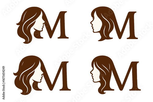 Set of letter M monograms with woman face silhouette. Elegant logo for beauty salon, hair stylist, spa, or cosmetics brand. Female profile vector for fashion identity.