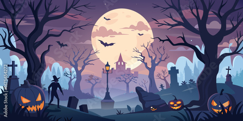 Spooky Halloween Night Scene with Graveyard Pumpkins Bats and a Mysterious Figure Under a Full Moon in a Stylized Vector Illustration