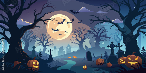 Eerie Halloween Night Scene with Full Moon Bats Pumpkins and Graveyard Creating a Spooky and Festive Holiday Atmosphere in Vector Illustration
