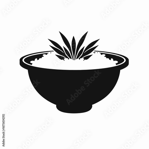Black and white stylized bowl with leaves plant illustration silhouette