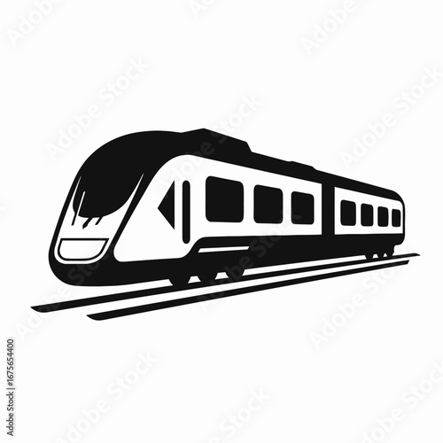 Express train speeding down the rails in crisp black and white silhouette