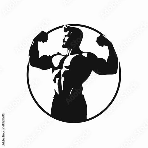 Powerful muscular man flexing in circle frame fitness strong silhouette