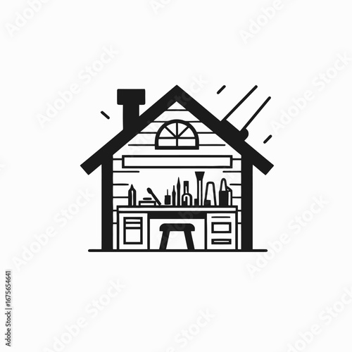 Charming crafting home studio with tools inside crafting house silhouette