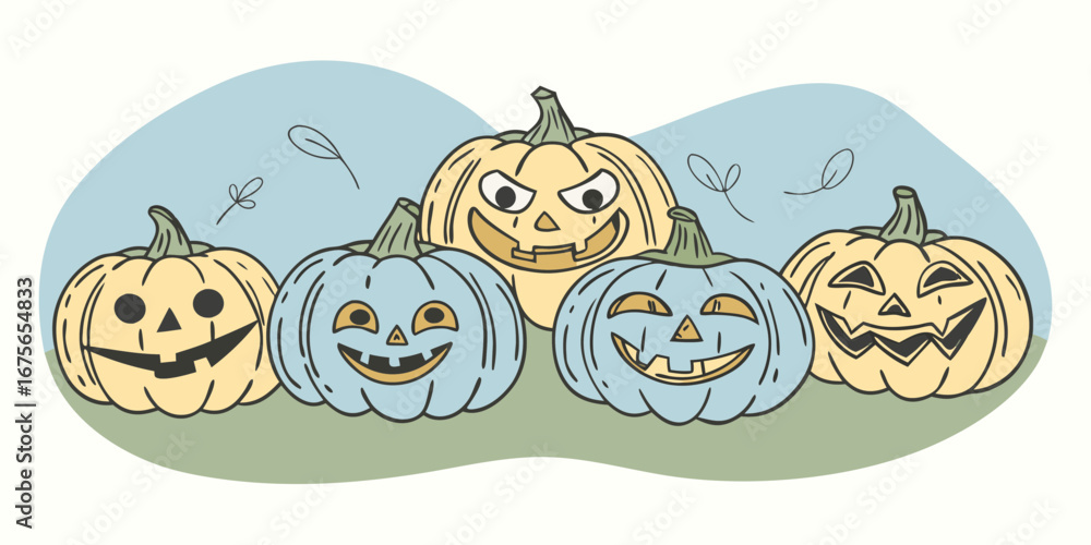 Fototapeta premium Whimsical Halloween Pumpkins with Unique Expressions a Festive and Colorful Illustration for Holiday Decor and Spooky Season Celebrations a Playful Design