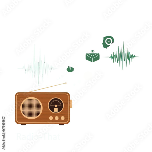 Vintage radio with a thought bubble showcasing communication and sound waves, conveying a message of vintage technology and modern connectivity.