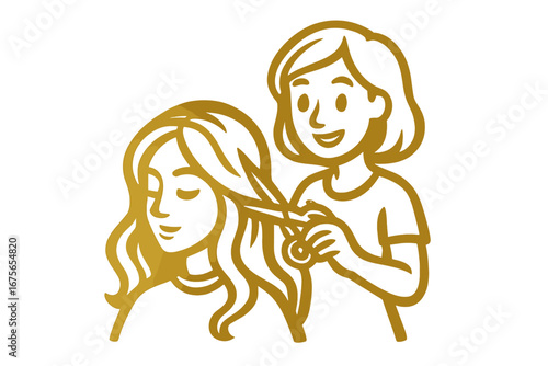 Hairdresser cutting woman's long hair in beauty salon. Golden line art logo concept for hairstylist or barbershop. Professional beauty treatment and hairstyle service vector.