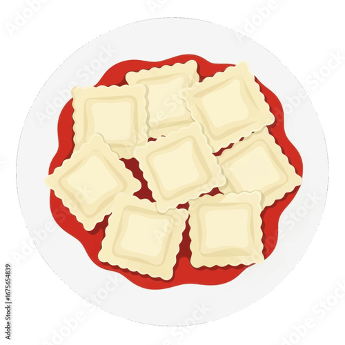 Square pasta dumplings are artfully arranged on a plate, generously coated in a rich red sauce.