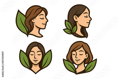 Woman face logo set. Natural beauty concept. Vector illustration for spa, salon, cosmetics. Female head with leaves. Skincare, dermatology, wellness, organic product icon pack.