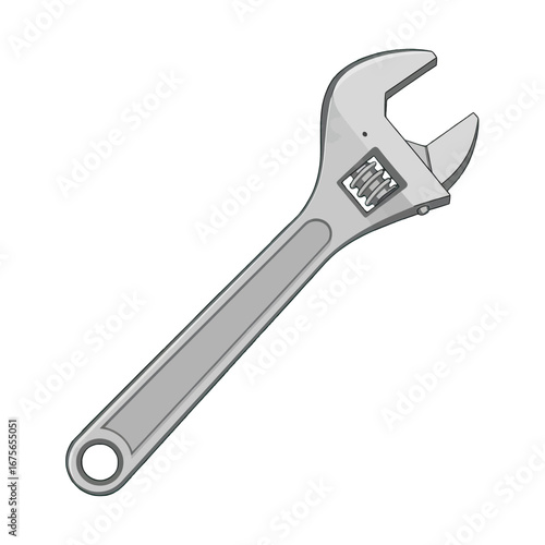 A metallic adjustable wrench is depicted against a stark black background.
