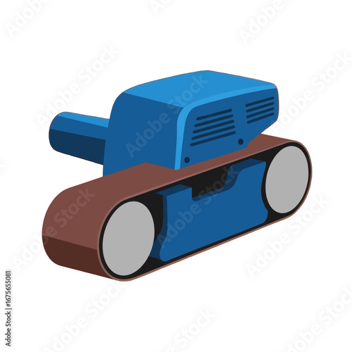 A stylized illustration of a blue and brown belt sander, showcasing its mechanical components and design.