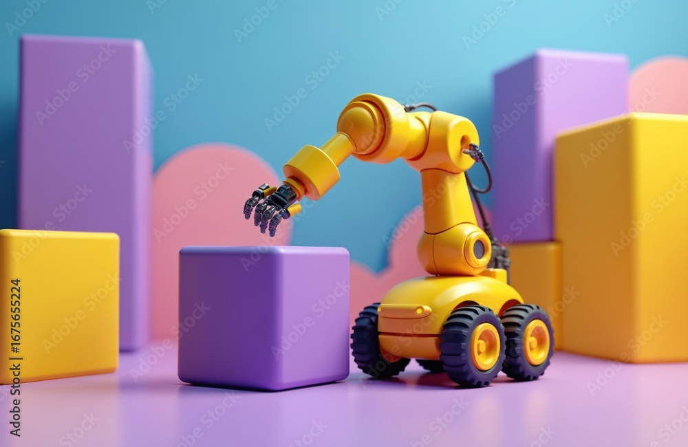 Obraz premium Playful yellow robot arm manipulates purple cube in vibrant geometric setting with blue background. Automation tech innovation future industrial machine manufacturing artificial intelligence digital