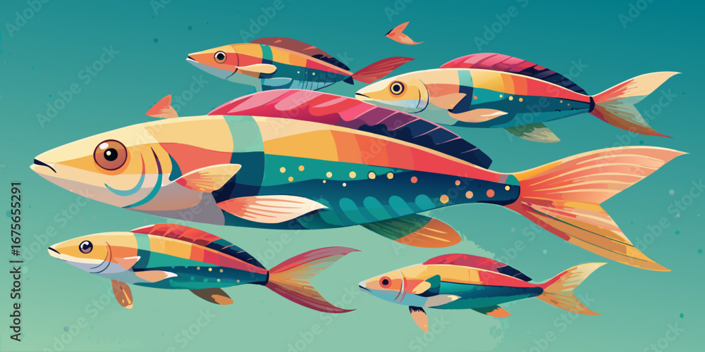 Fototapeta premium Colorful School of Fish Swimming in the Ocean Abstract Illustration with Vibrant Colors and Geometric Shapes Aquatic Life and Underwater Scene