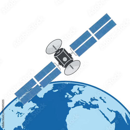 Satellite orbiting a stylized blue-toned globe against a dark background.