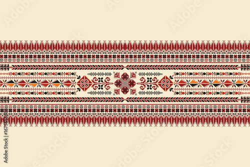Traditional Tatreez embroidery horizontal seamless pattern, Palestinian border. Scalable vector design for print, background, template