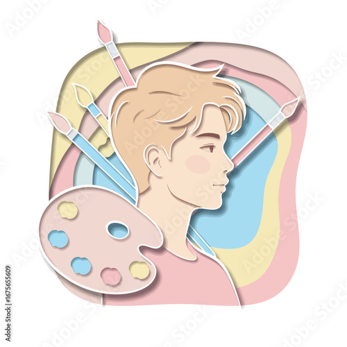 Creative artist profile with paintbrushes and palette in pastel papercut style