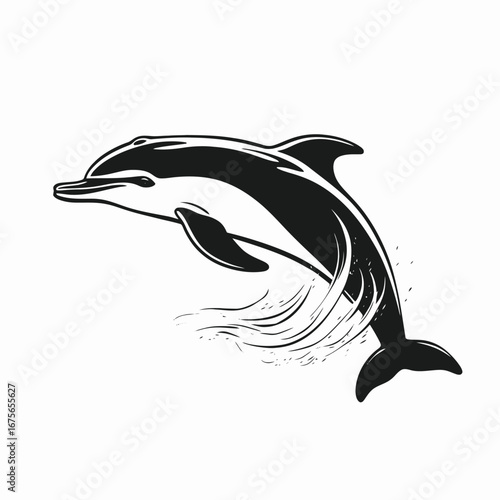 Dynamic black and white dolphin breaching water artistic vector design silhouette