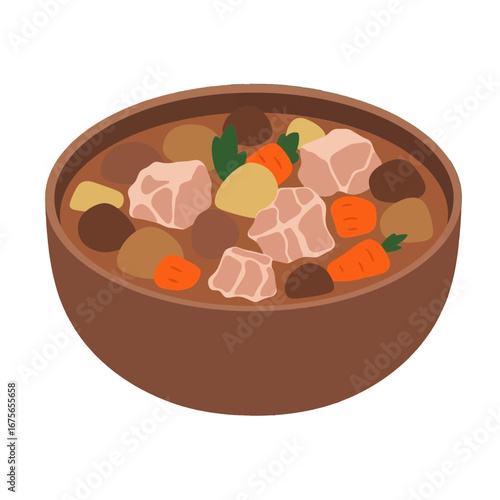 A hearty stew, richly colored and wholesome, fills a rustic bowl, showcasing diverse ingredients in a comforting composition.