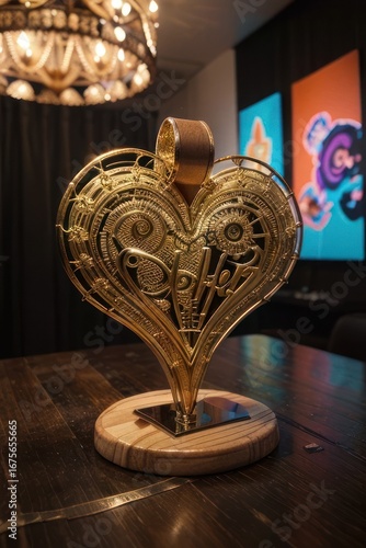 A decorative, golden heart-shaped pendant, intricately detailed, rests on a wooden base, showcasing intricate designs and a sophisticated aesthetic.