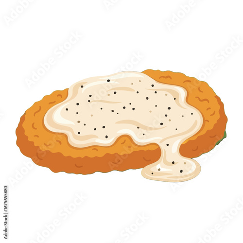 A crispy, breaded cutlet, generously coated in a creamy, savory sauce, speckled with black pepper.